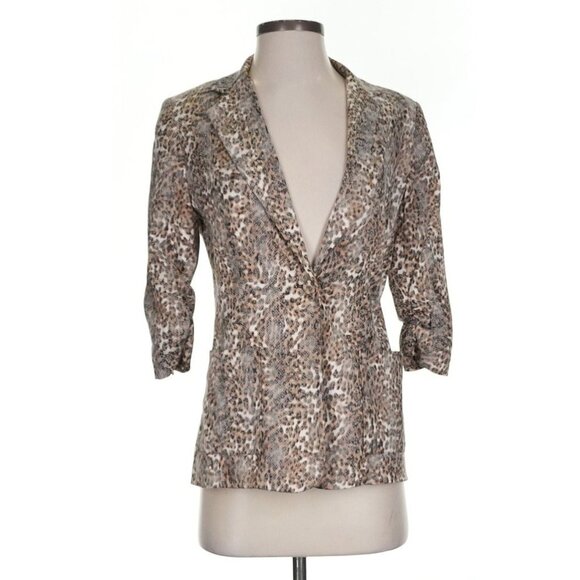 Alberto Makali Blazer Leopard Print Jacket Size 4 Button Front Ruched 3/4 Sleeve - Picture 4 of 14